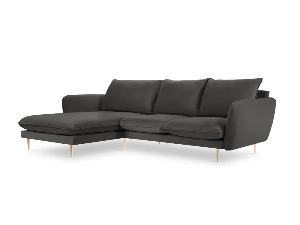 Samt-Ecksofa linksseitig für 5 Personen VIENNA dunkelgrau mit goldenem Fuß