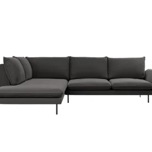 Samt-Ecksofa linksseitig für 5 Personen VIENNA dunkelgrau mit schwarzem Fuß