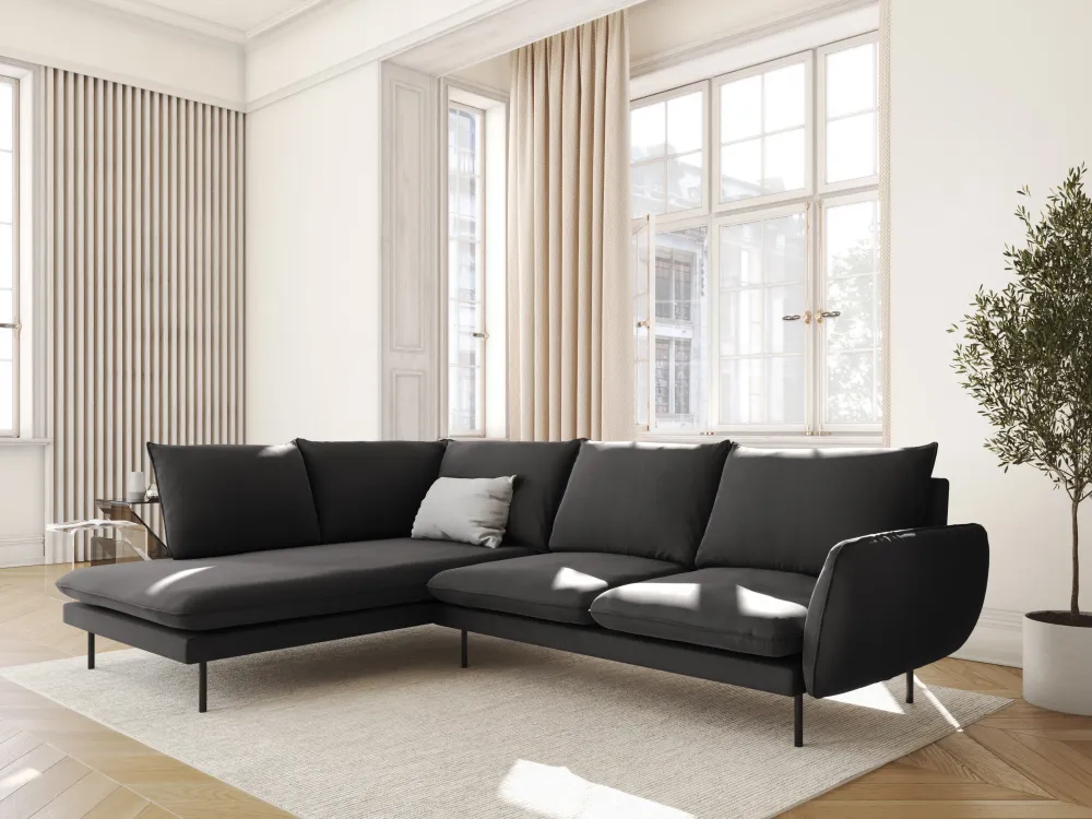 Samt-Ecksofa linksseitig für 5 Personen VIENNA dunkelgrau mit schwarzem Fuß
