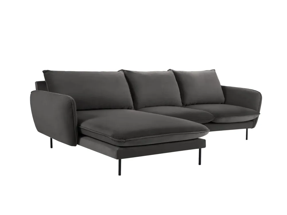 Samt-Ecksofa linksseitig für 5 Personen VIENNA dunkelgrau mit schwarzem Fuß