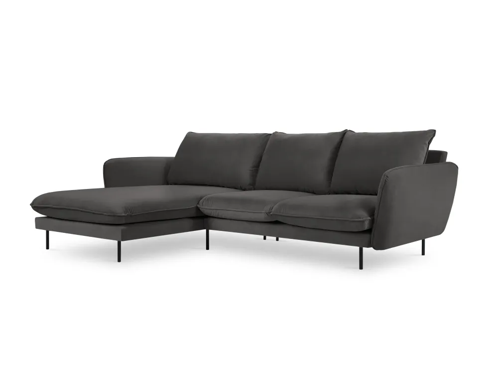 Samt-Ecksofa linksseitig für 5 Personen VIENNA dunkelgrau mit schwarzem Fuß