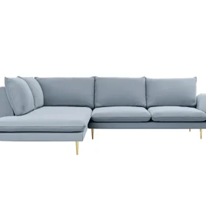 Samt-Ecksofa linksseitig für 5 Personen VIENNA hellblau mit goldenem Fuß