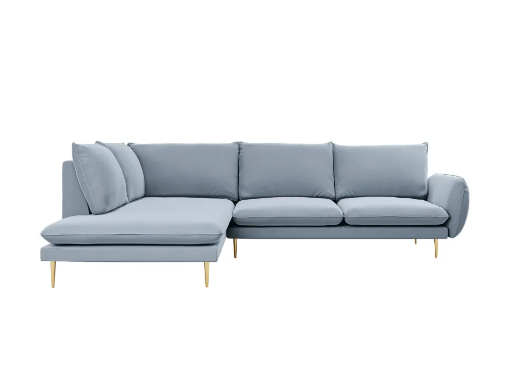 Samt-Ecksofa linksseitig für 5 Personen VIENNA hellblau mit goldenem Fuß
