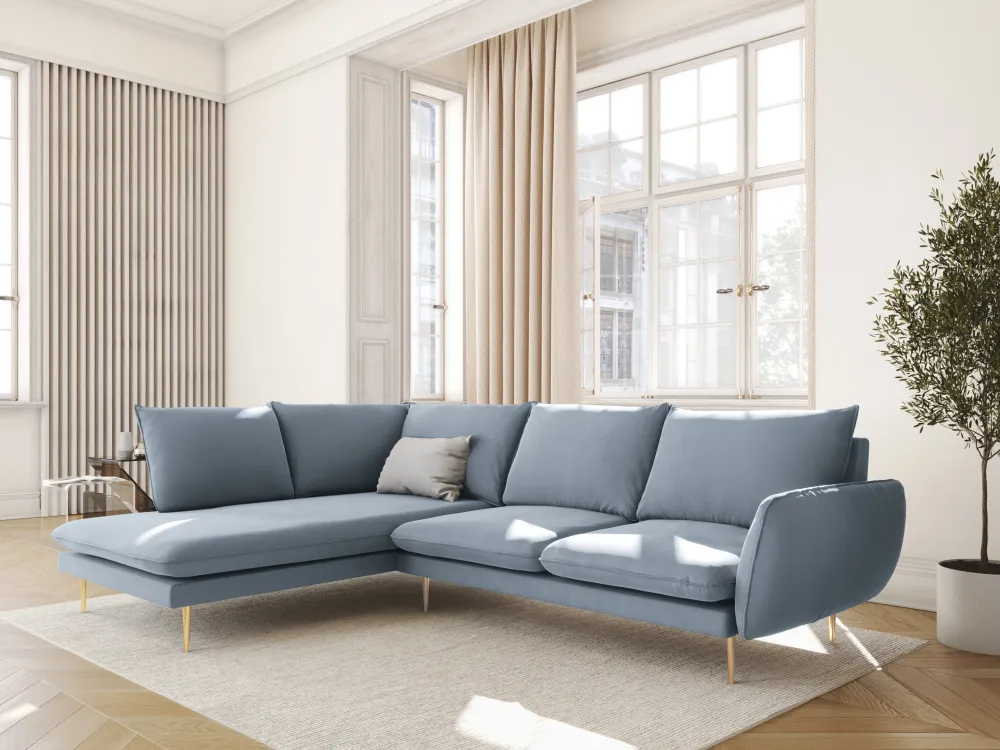 Samt-Ecksofa linksseitig für 5 Personen VIENNA hellblau mit goldenem Fuß