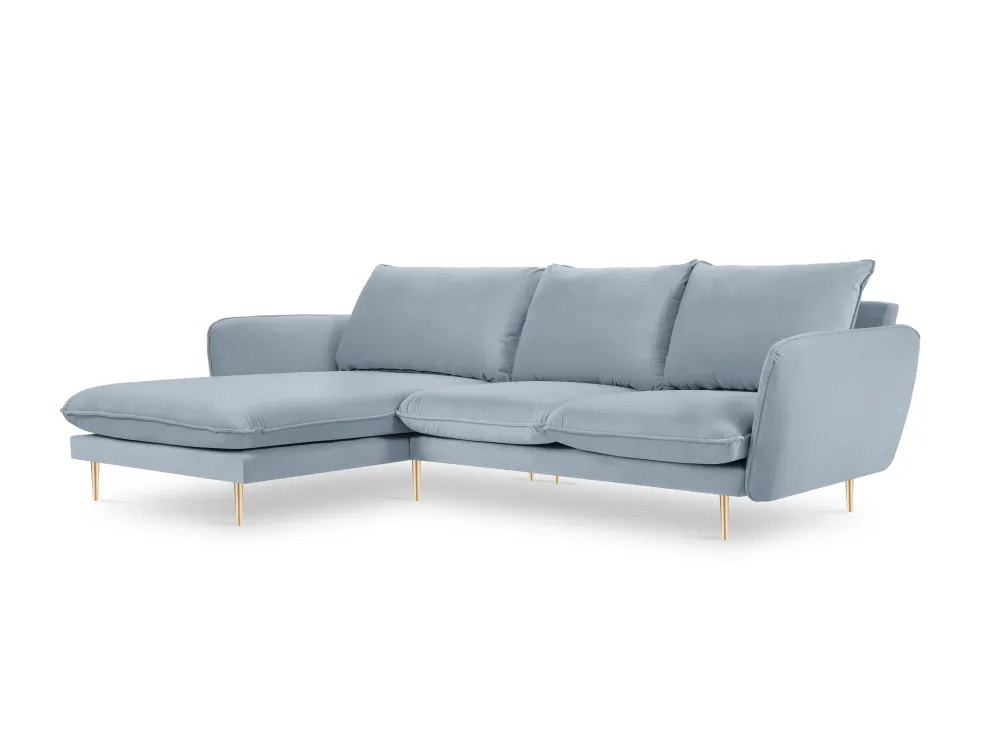 Samt-Ecksofa linksseitig für 5 Personen VIENNA hellblau mit goldenem Fuß