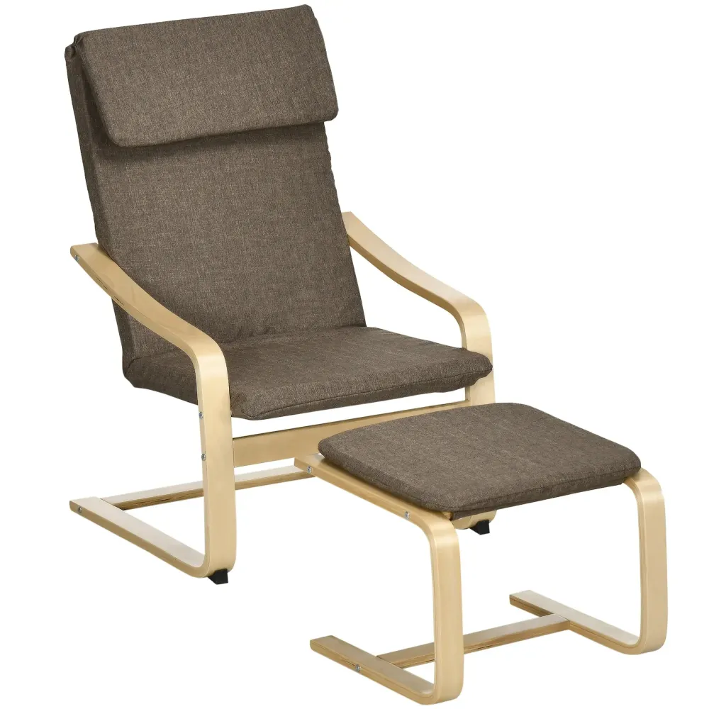 Sessel mit Fusshocker Sessel-Set Leinenoptik Massivholz Braun, 66,5x80x99cm