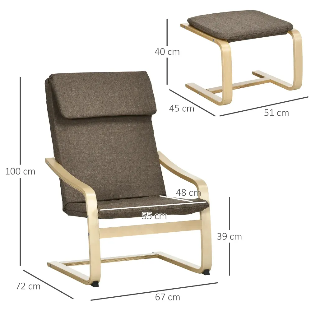 Sessel mit Fusshocker Sessel-Set Leinenoptik Massivholz Braun, 66,5x80x99cm
