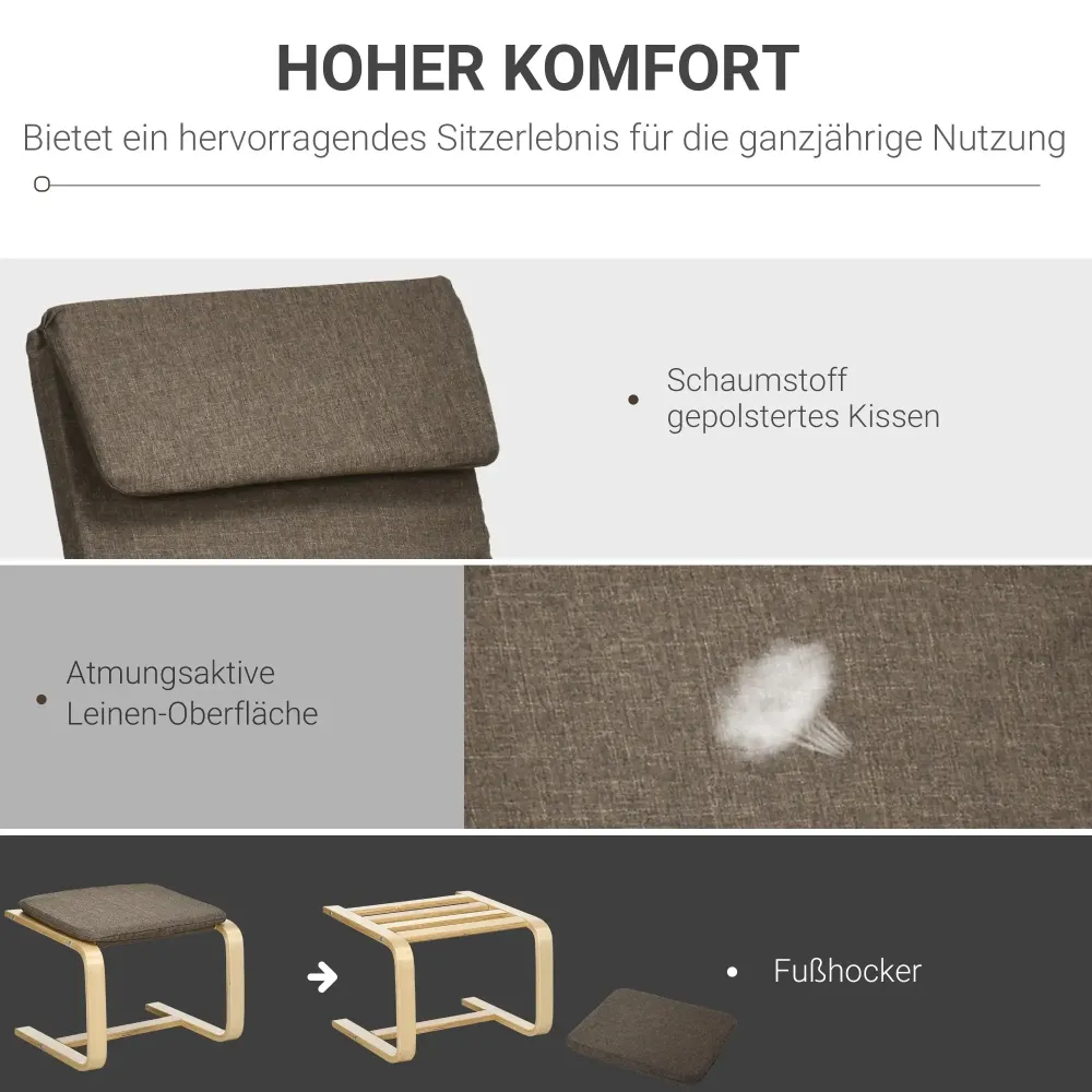 Sessel mit Fusshocker Sessel-Set Leinenoptik Massivholz Braun, 66,5x80x99cm
