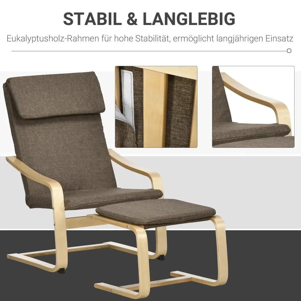 Sessel mit Fusshocker Sessel-Set Leinenoptik Massivholz Braun, 66,5x80x99cm