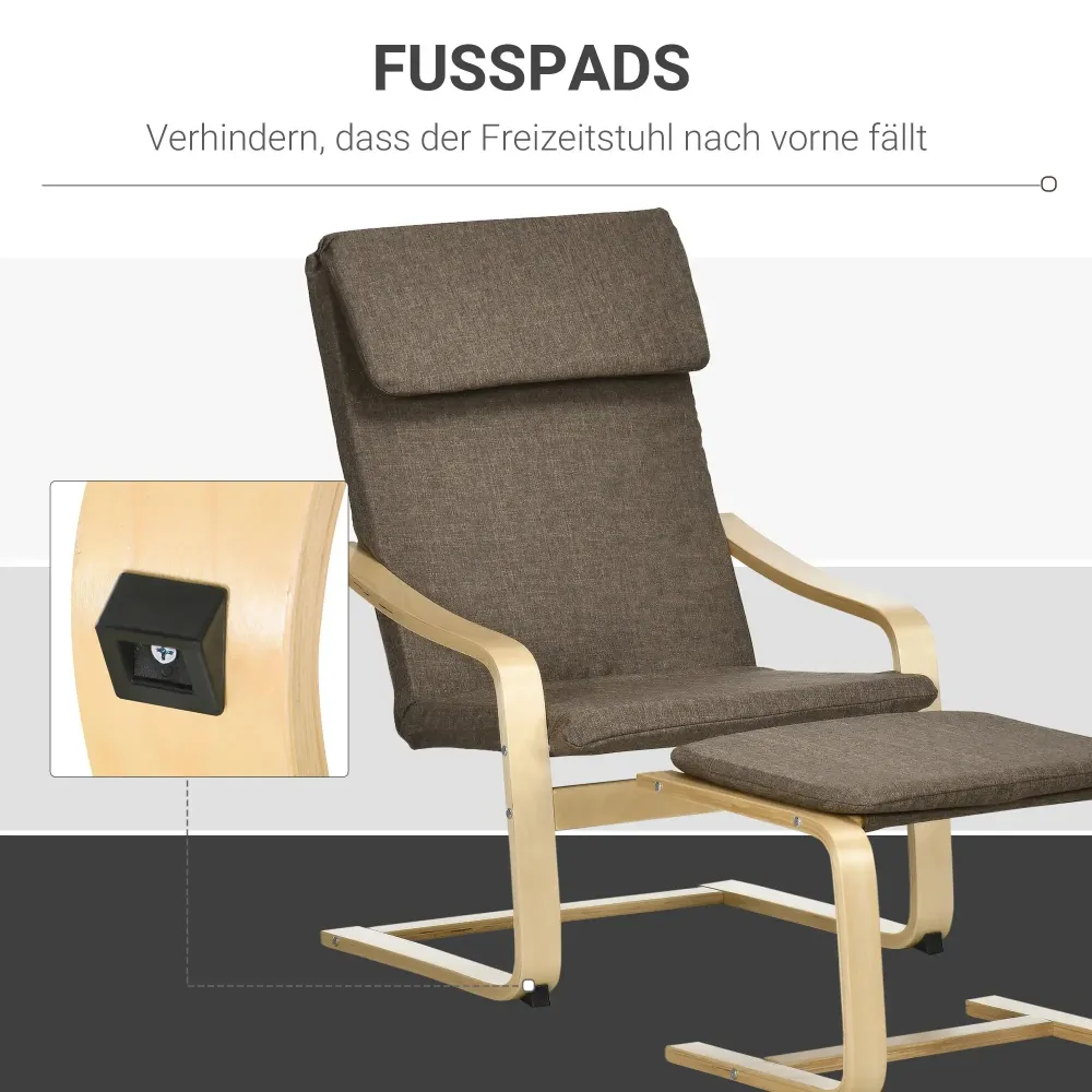 Sessel mit Fusshocker Sessel-Set Leinenoptik Massivholz Braun, 66,5x80x99cm