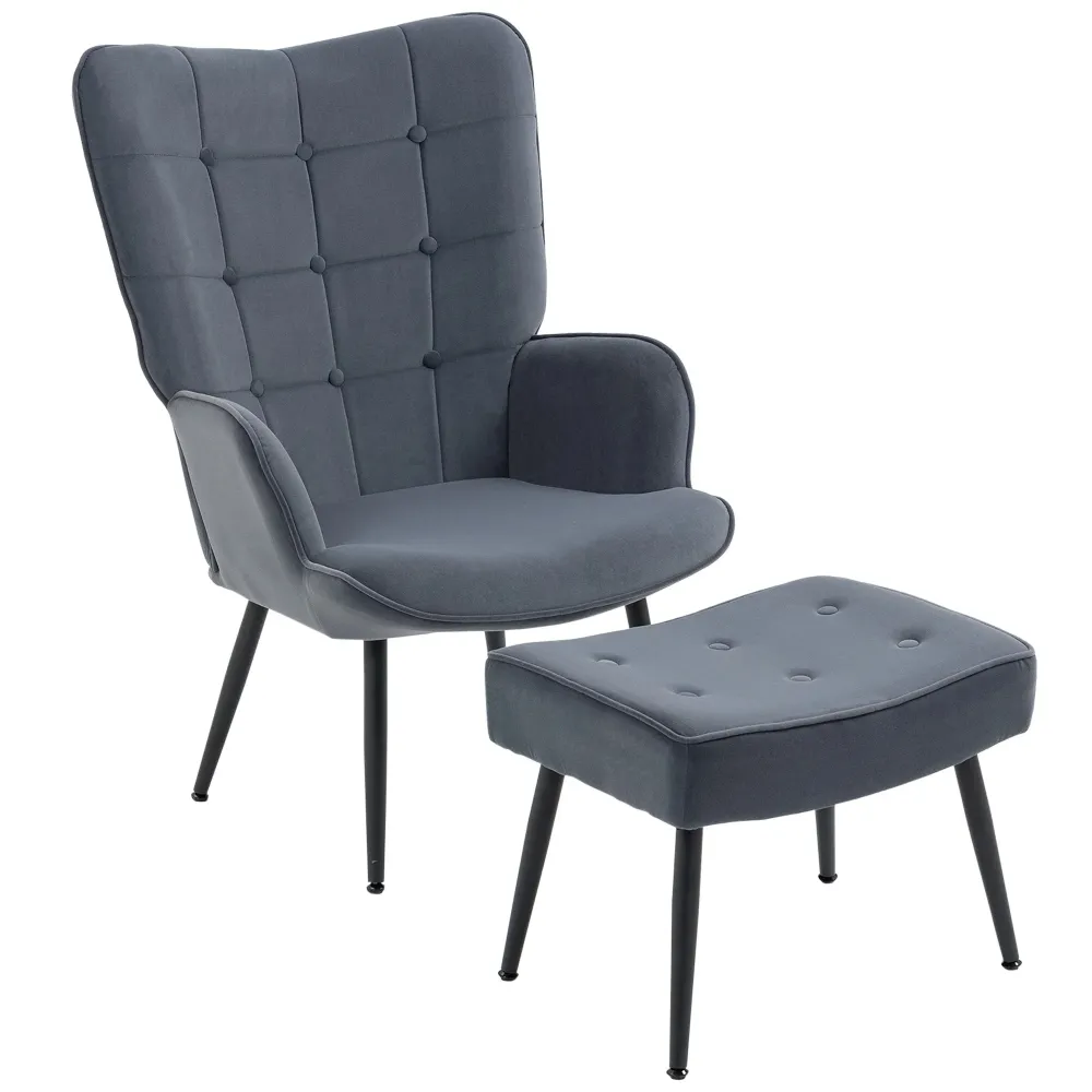 Sessel mit Ottomane Relaxsessel Knopfheftung Dunkelgrau, 71x77x99cm