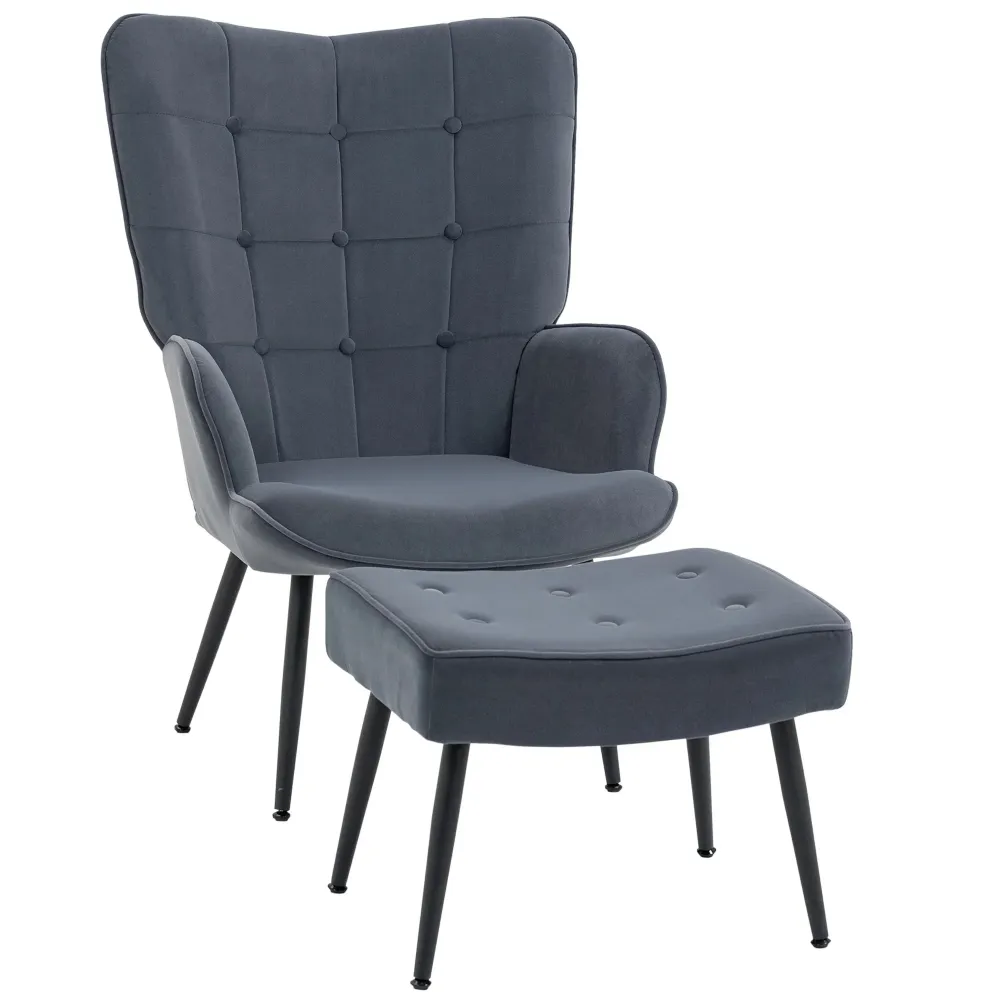 Sessel mit Ottomane Relaxsessel Knopfheftung Dunkelgrau, 71x77x99cm