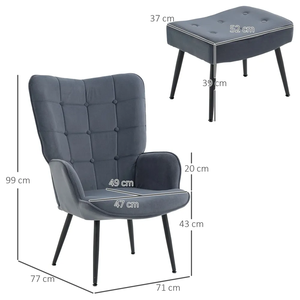 Sessel mit Ottomane Relaxsessel Knopfheftung Dunkelgrau, 71x77x99cm