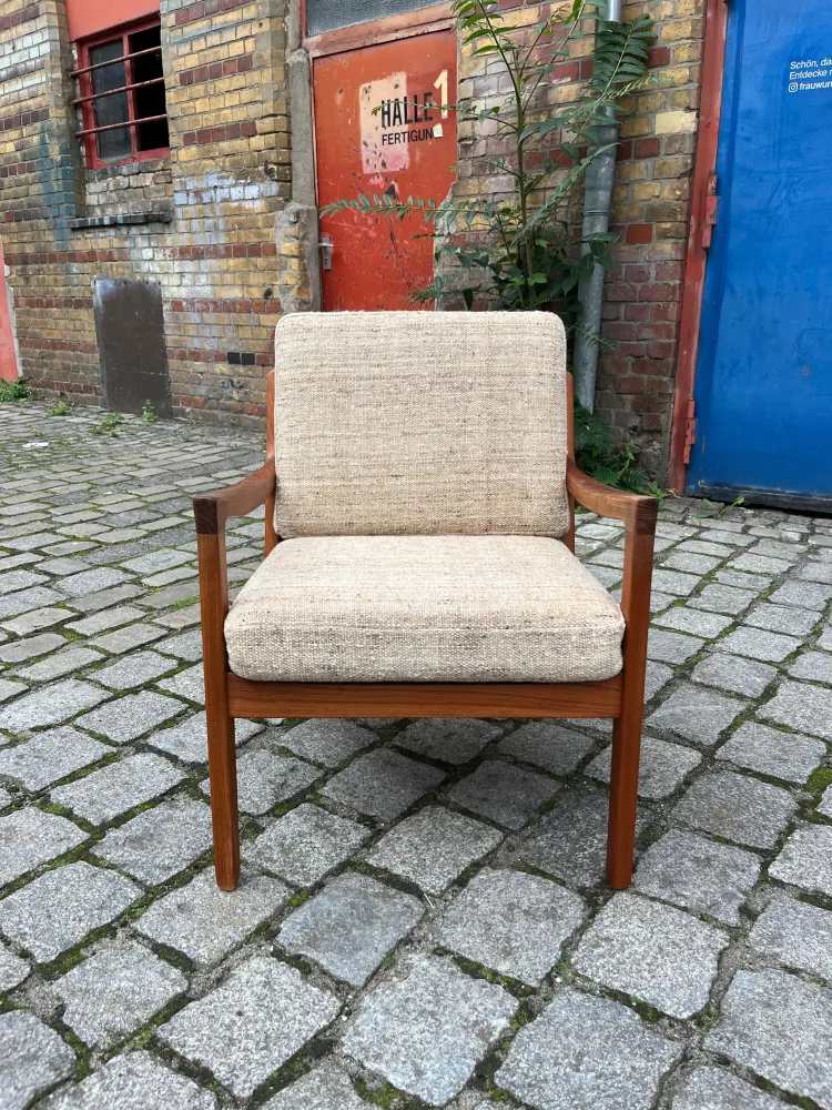 Sessel Senator beige Wolle Teak von Ole Wanscher für Cado