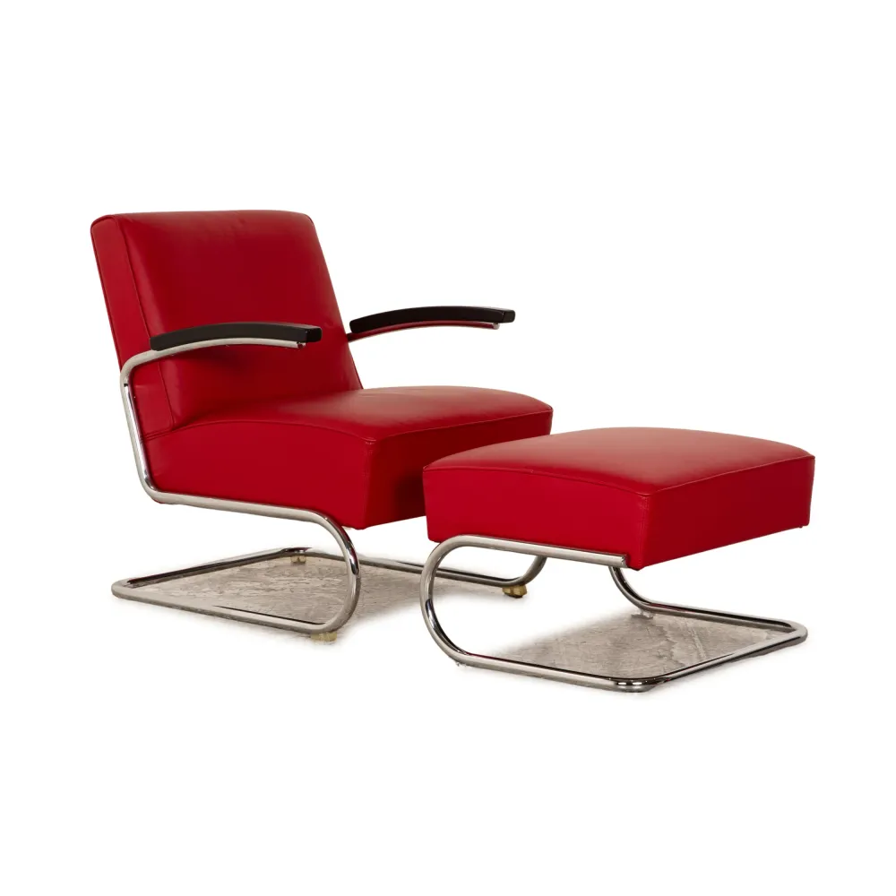 Thonet S411 Leder Sessel Garnitur Rot Freischwinger Hocker