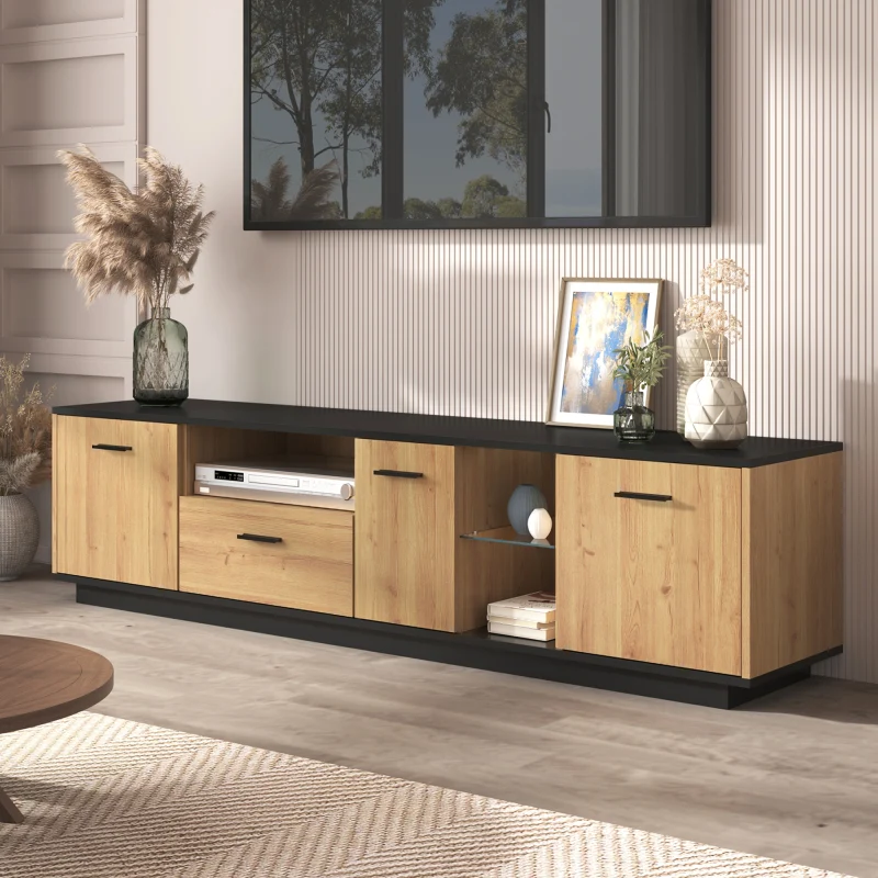TV-Schrank mit einer Schublade, drei Türen, zwei offene Fächer mit Glas TV-Möbel, TV-Board, TV-Lowboard Feinstruktur. Schw...