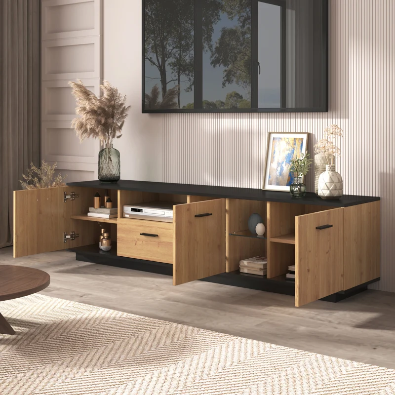 TV-Schrank mit einer Schublade, drei Türen, zwei offene Fächer mit Glas TV-Möbel, TV-Board, TV-Lowboard Feinstruktur. Schw...