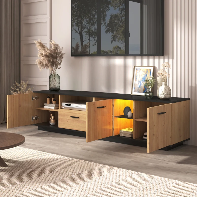 TV-Schrank mit einer Schublade, drei Türen, zwei offene Fächer mit Glas TV-Möbel, TV-Board, TV-Lowboard Feinstruktur. Schw...