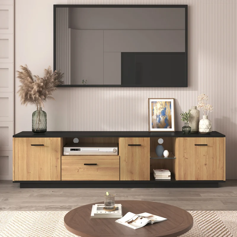 TV-Schrank mit einer Schublade, drei Türen, zwei offene Fächer mit Glas TV-Möbel, TV-Board, TV-Lowboard Feinstruktur. Schw...