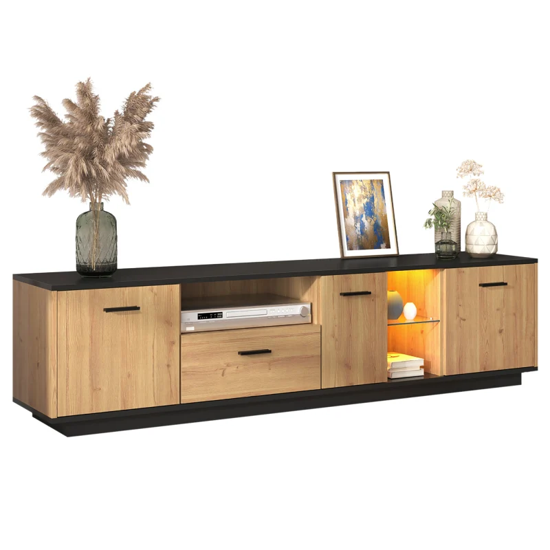 TV-Schrank mit einer Schublade, drei Türen, zwei offene Fächer mit Glas TV-Möbel, TV-Board, TV-Lowboard Feinstruktur. Schw...