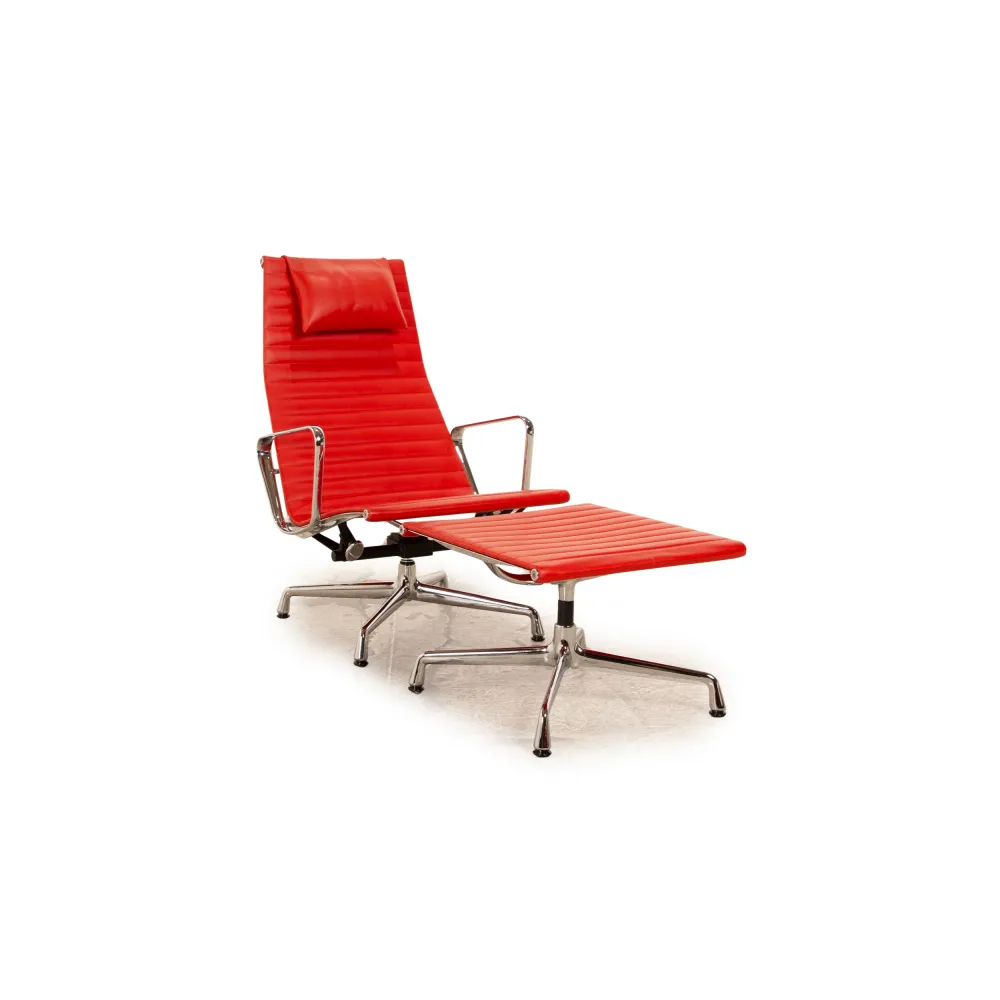 Vitra EA 124 Leder Sessel Rot inkl. Hocker mit manueller Relaxfunktion Charles & Ray Eames