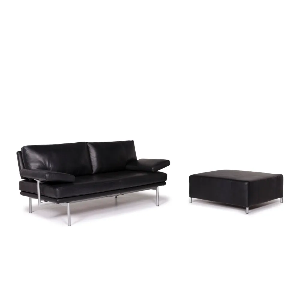 Walter Knoll Leder Sofa Garnitur Schwarz 1x Zweisitzer 1x Hocker Funktion #12127