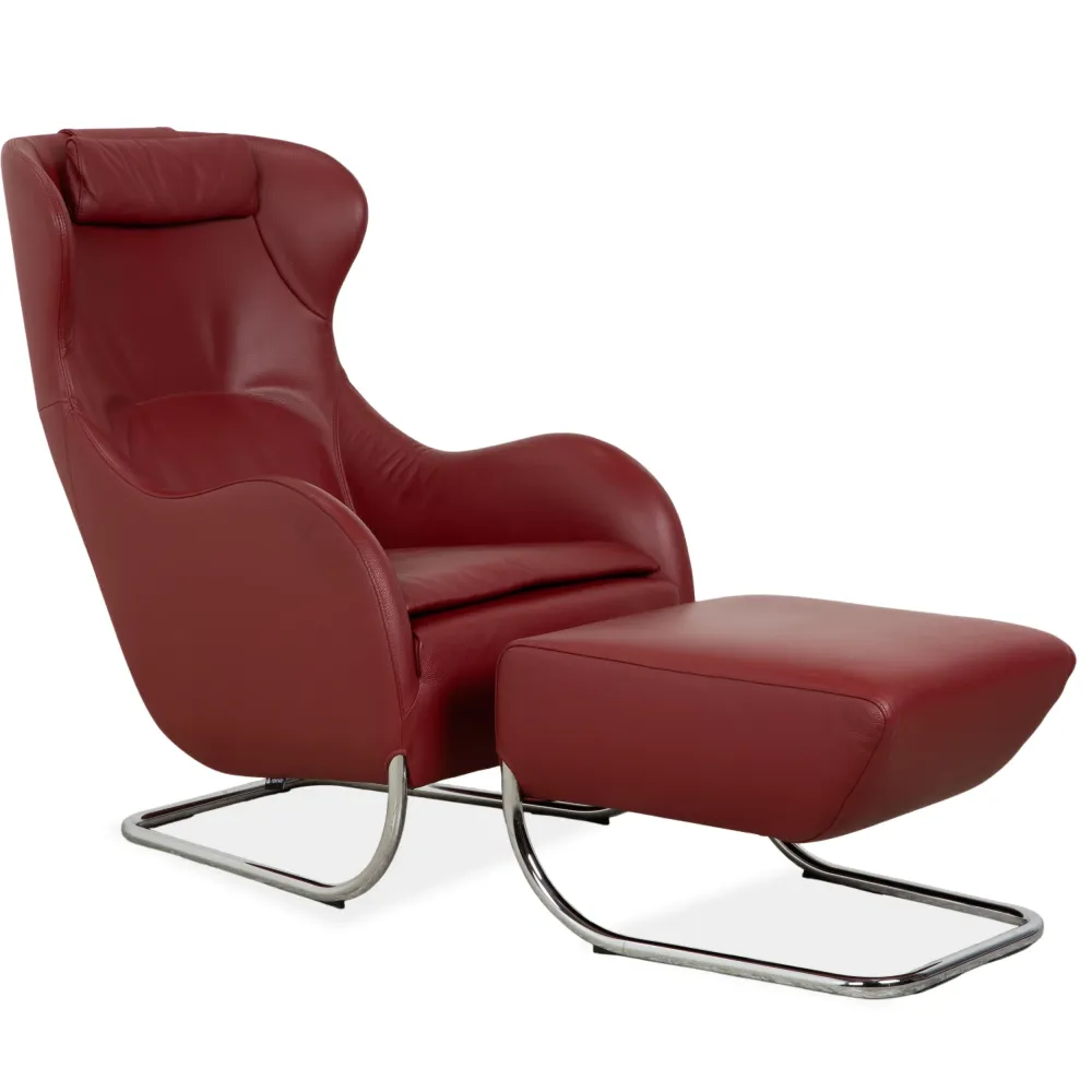 Wittmann Jolly Leder Sessel Rot Weinrot Chrom Burgunder inkl. Hocker