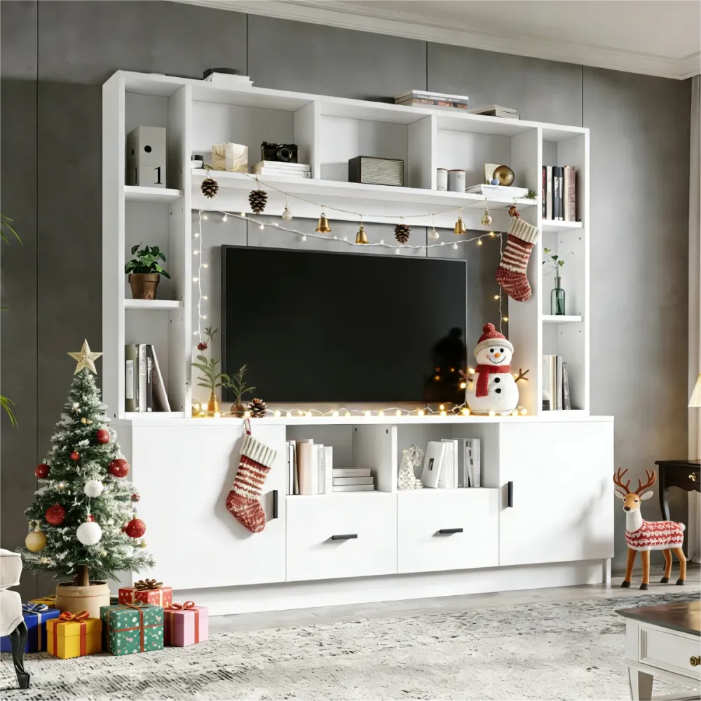 TV Wohnwand 180x170cm Weiß, TV-Möbel Set für Fernseher bis 60 Zoll, Mediawand mit Vitrine, 11 Fächer & 2 Schubladen, Anbau...