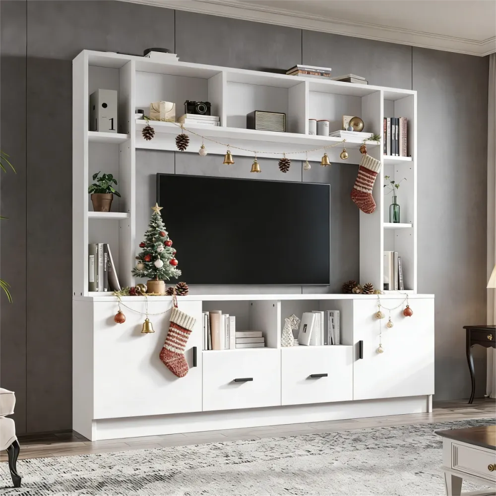 TV Wohnwand 180x170cm Weiß, TV-Möbel Set für Fernseher bis 60 Zoll, Mediawand mit Vitrine, 11 Fächer & 2 Schubladen, Anbau...
