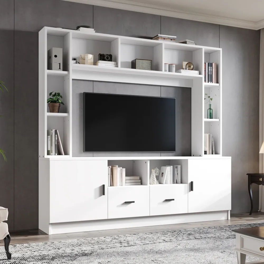 TV Wohnwand 180x170cm Weiß, TV-Möbel Set für Fernseher bis 60 Zoll, Mediawand mit Vitrine, 11 Fächer & 2 Schubladen, Anbau...