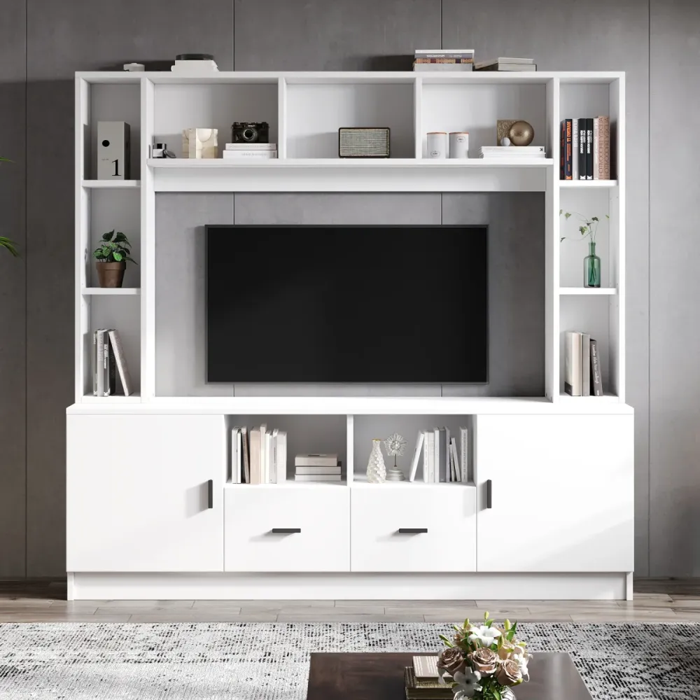 TV Wohnwand 180x170cm Weiß, TV-Möbel Set für Fernseher bis 60 Zoll, Mediawand mit Vitrine, 11 Fächer & 2 Schubladen, Anbau...
