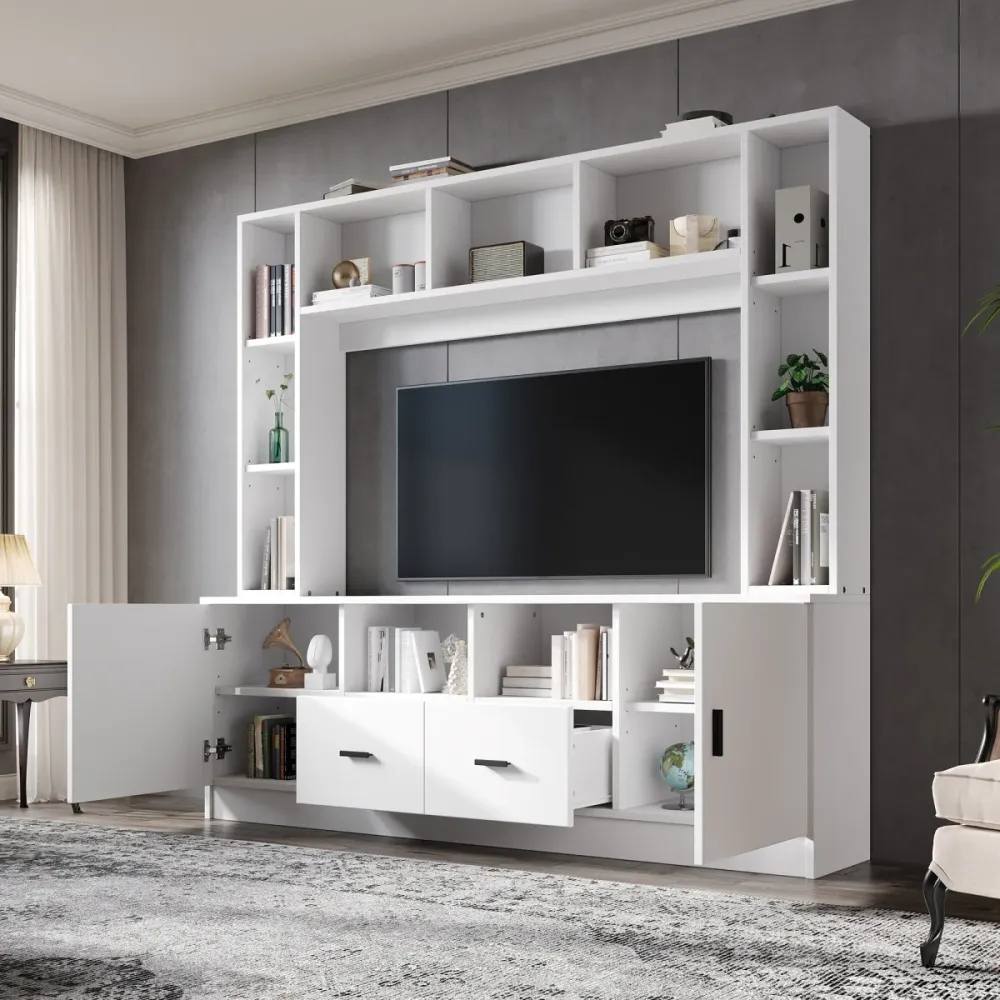 TV Wohnwand 180x170cm Weiß, TV-Möbel Set für Fernseher bis 60 Zoll, Mediawand mit Vitrine, 11 Fächer & 2 Schubladen, Anbau...