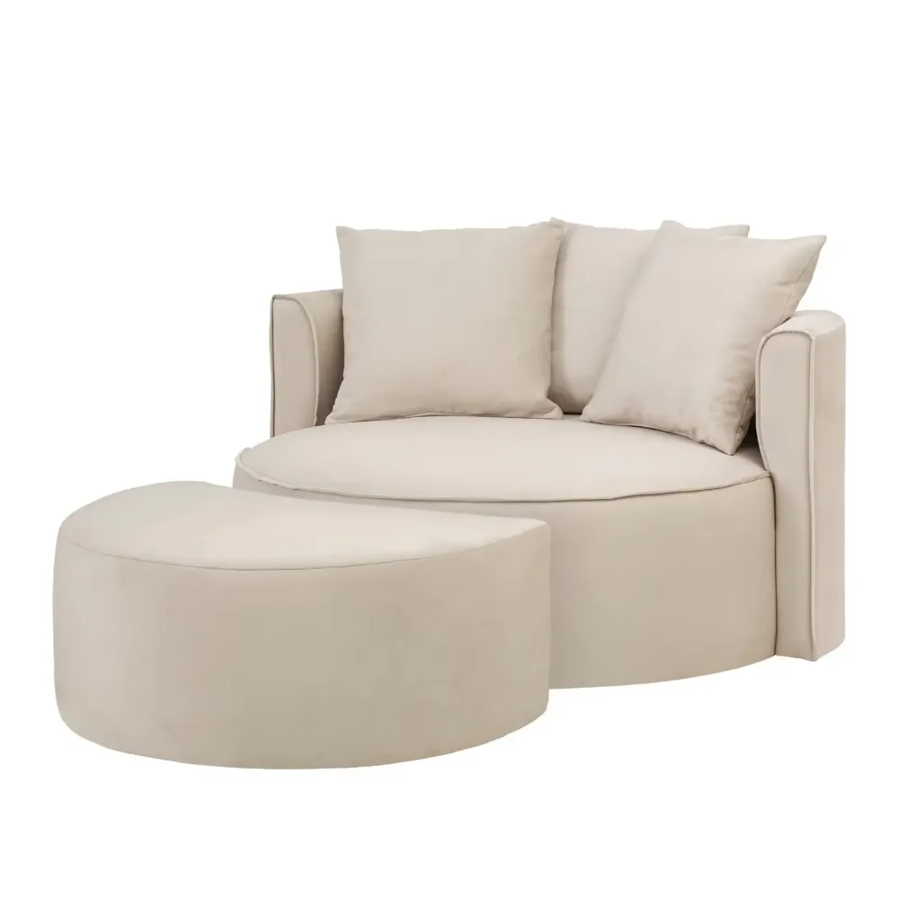 XXL-Sessel mit Hocker Samtoptik creme – Isalie