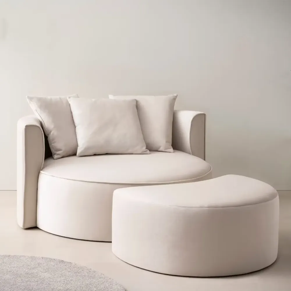 XXL-Sessel mit Hocker Samtoptik creme – Isalie